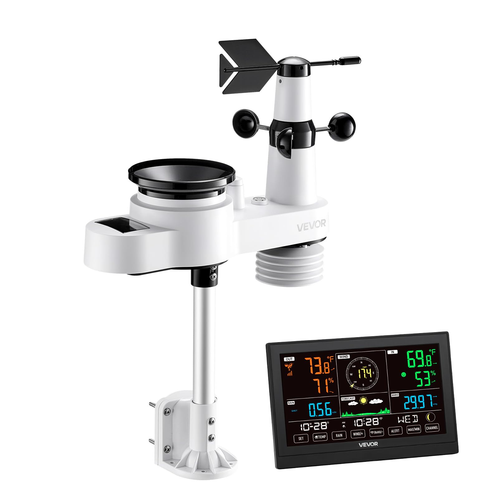 VEVOR 5-in-1-WLAN-Wetterstation, 7,5-Zoll-VA-Display, solarbetriebener Außensensor, Wettercenter zur Wettervorhersage, Windgeschwindigkeit, Windrichtung, Temperatur, Luftfeuchtigkeit, Niederschlag