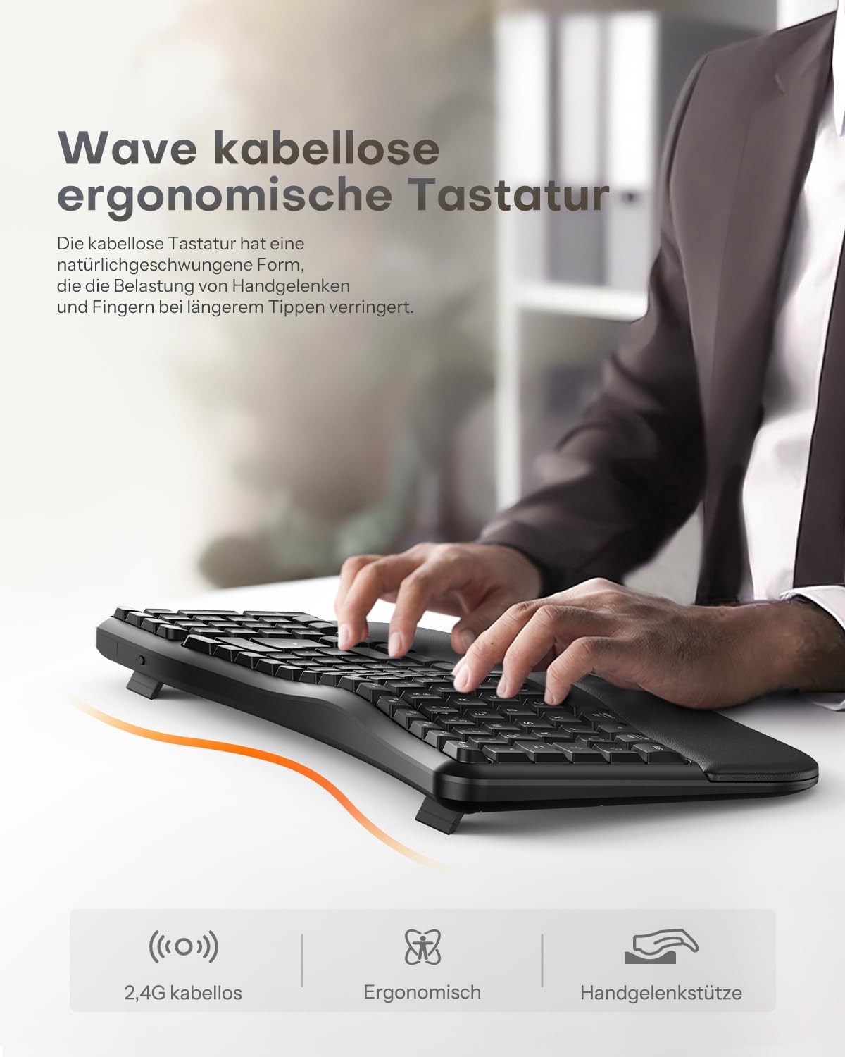 OMOTON Kabellose Tastatur Ergonomisch Wave Keys, QWERTZ-Schwarz | Ideal für Büro und tägliche Nutzung, 2,4 GHz USB-Verbindung, PC Tastatur mit Handballenauflage