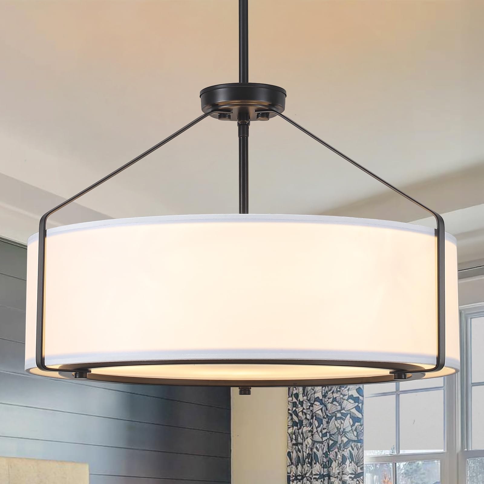 Drum Chandeliers, Modern 19.68'' Farmhouse Pendant Light Fixture with White Linen Fabric Shade, Black Round Adjustable Hanging Lights for Dining Room Bedroom Kitchen Foyer Entryway
