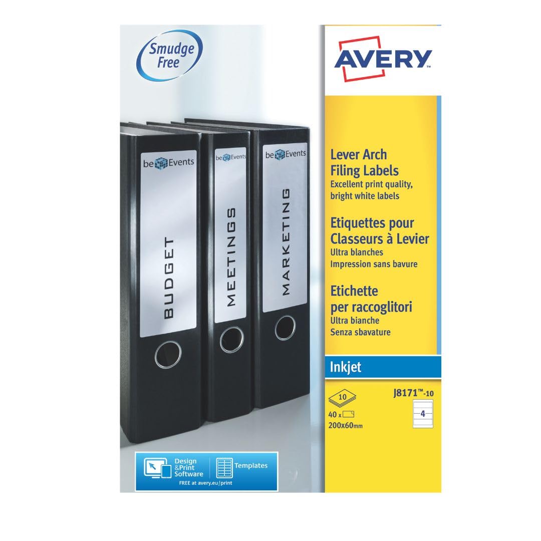 Avery Lever Arch Labels Inkjet, 200x60mm, White Blank Labels, 4 Labels per Sheet J8171-10