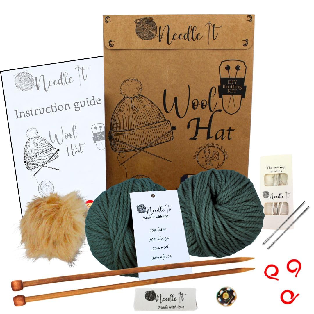 Needle It® Kit completo per lavorare a maglia il cappello verde scuro - Cappello di lana fai da te per bambini e adulti - Kit completo con ago, gomitolo e istruzioni - Lana francese