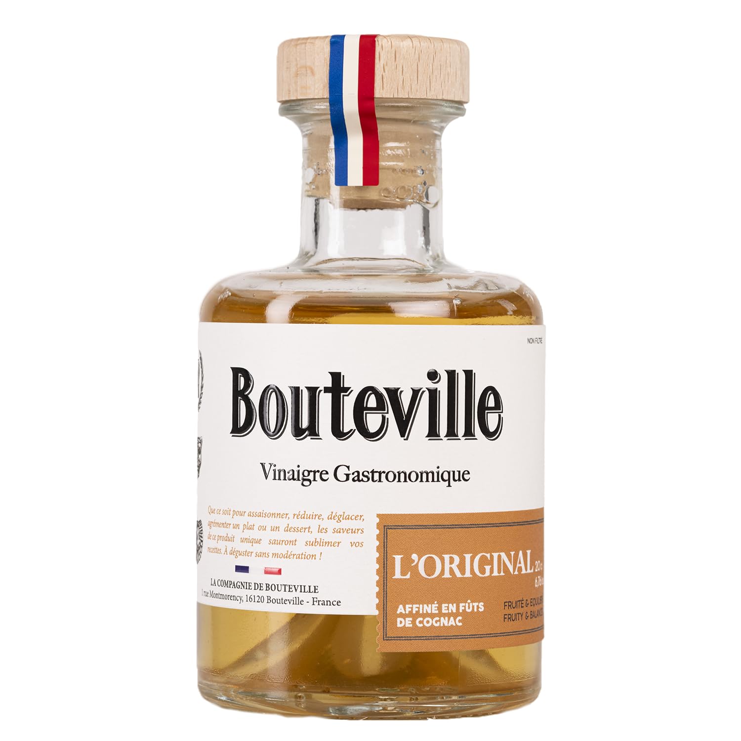 Bouteville Vinaigre Gastronomique L'Original 200ml - Affiné en Fûts de Cognac, Élaboration Artisanale en Charente, Cépage Ugni Blanc avec Notes Fruitées et Équilibrées