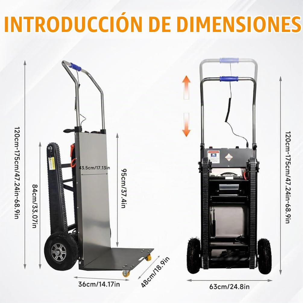 Carretilla De Mano EléCtrica,Carretilla para Subir Escaleras con Carga De 400 Kg Que Ahorra Mano De Obra con Mango TelescóPico Motor Sin Escobillas De 1200 W,07