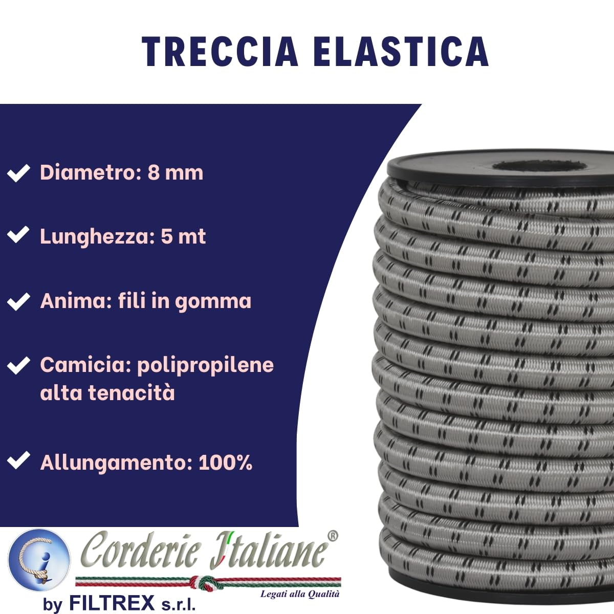 Corderie Italiane 006003656 Treccia elastica grigio perla 8 mm - 5 mt