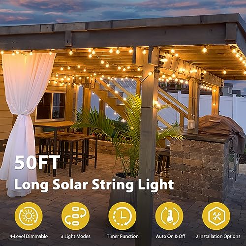 Solar String Lights Outdoor Waterproof, 50FT Solar String Lights for Outside with Remote, LED Solar Lights String with 26 Shatterproof Bulbs, Dimmable Solar Patio String Lights for Cafe Bistro Party