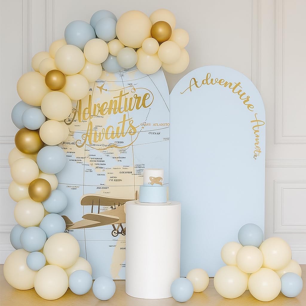 Set of 2 Arch Backdrop Covers Adventure Awaits Baby Shower Arch Stretchy Cover Airplane Travel Map Theme Birthday Party Decorations (7.2FT & 6FT,Blue)