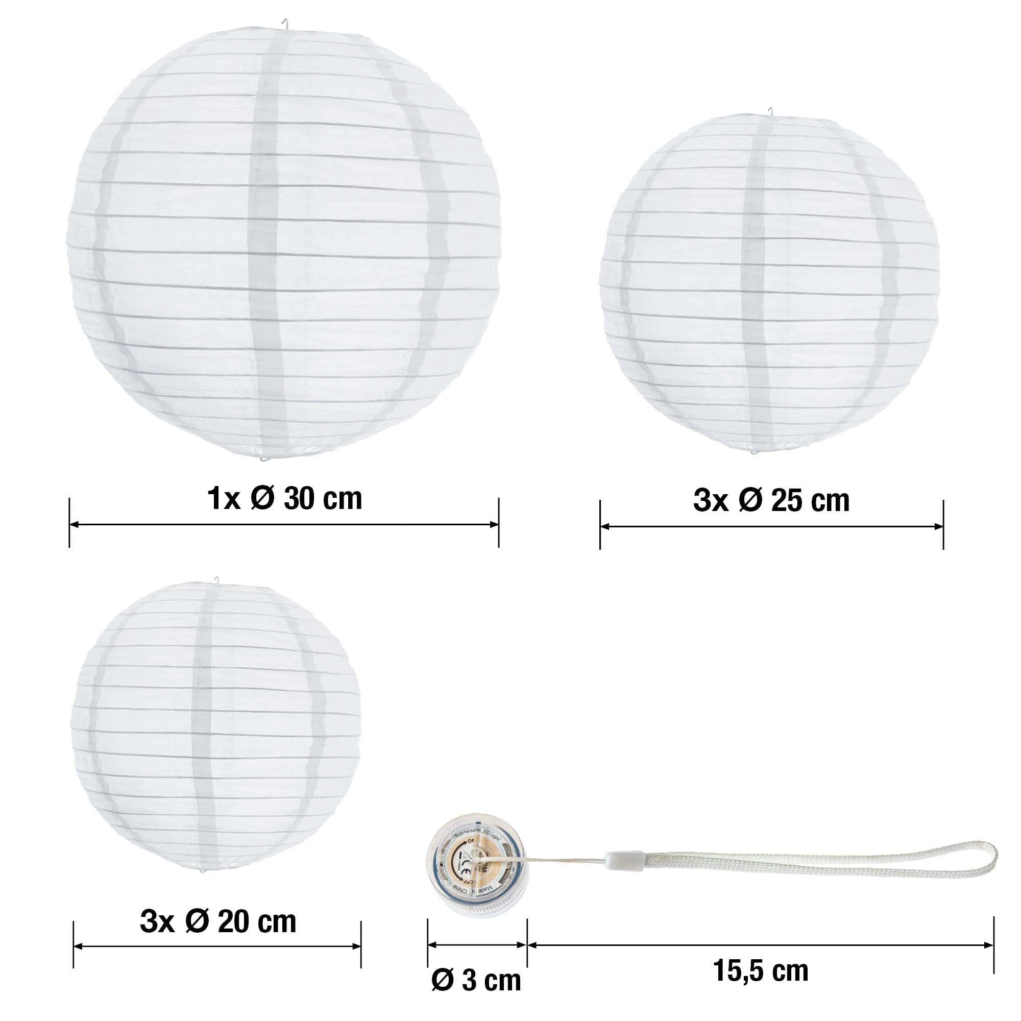 Hellum Lampions außen wetterfest 7er Set LED warmweiß mit Fernbedienung Ø30cm Ø25cm Ø20cm
