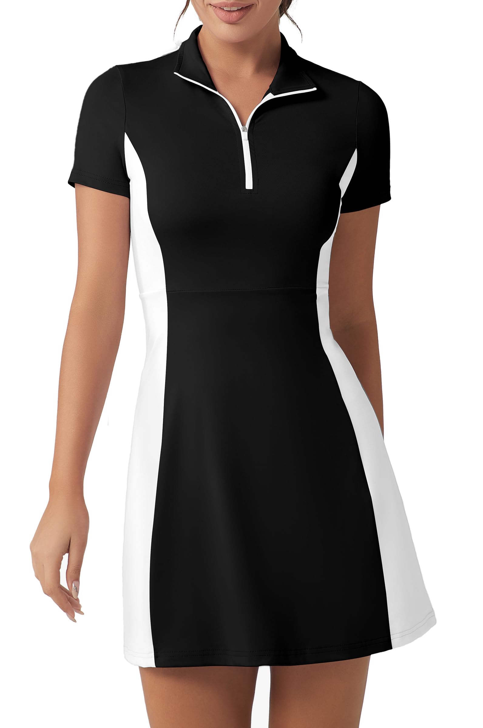 FKEEP Golf Tennis Dress with Shorts Womens Polo Neck Athletic Workout Golf Dress Casual Sleeveless Colorblock Dress, Black and White, XL