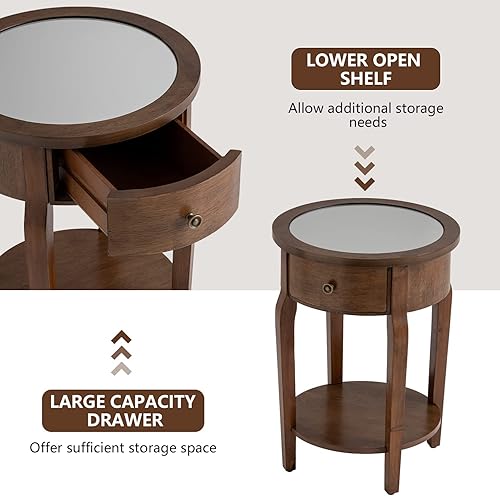 Miniatura 82 de COSIEST Mesa auxiliar redonda, mesa auxiliar de cristal con marco de madera, mesita de noche dorada champán con estilo moderno para sala de estar,