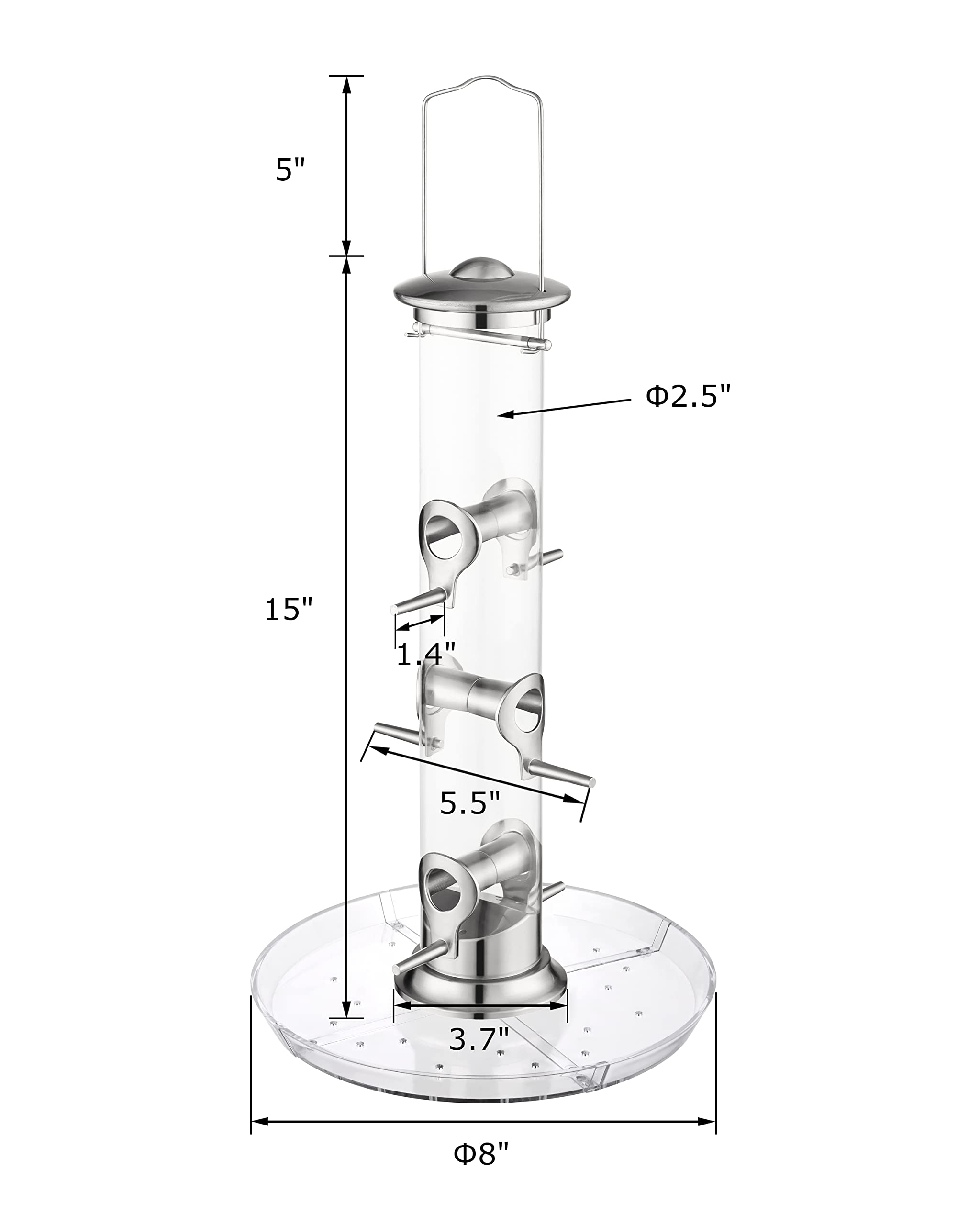 iBorn Bird Feeders Seed Catcher for Outside Hanging 6 Port Bird Feeder for Cardinal Birds Aluminium Metal,Brushed Nickle Finishing 14 Inch 6 Port (Seed is not Included) — view 6