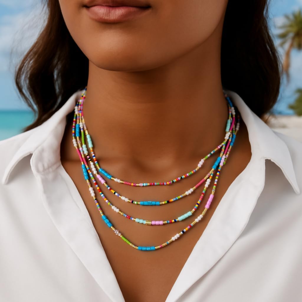 4PCS Dainty Colorful Natural Crystal Beaded Layered Choker Necklace Set for Women,Handmade Bohemian Candy Healing Stone Beads Trendy Beach Jewelry Gift Friendship - Image 2