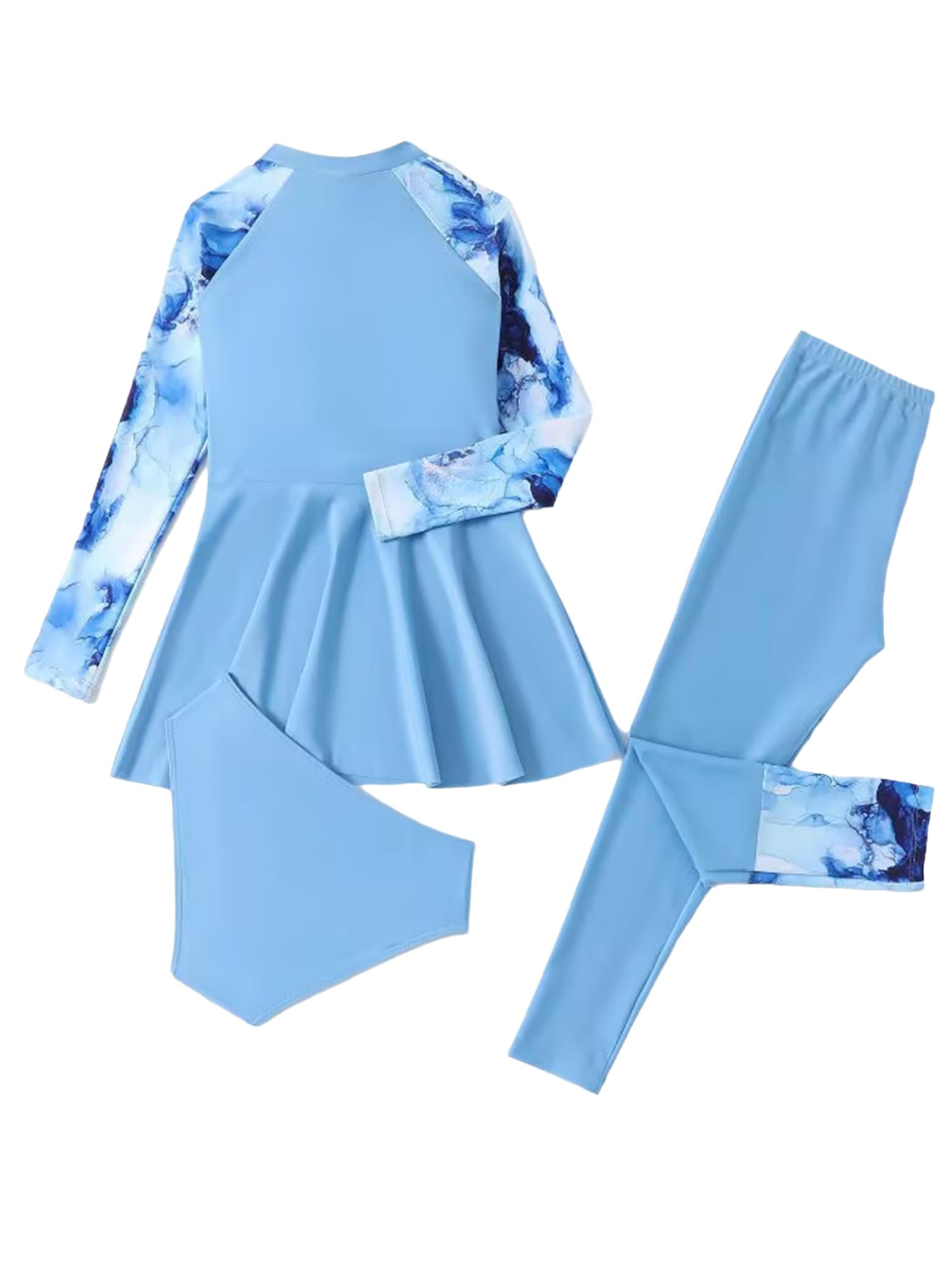 Eandarui Kids Girls 3Pcs Rash Guard Long Sleeve Swimsuit Swim Dress with Pants and Briefs Summer Bathing Suit Blue 5-6 Years