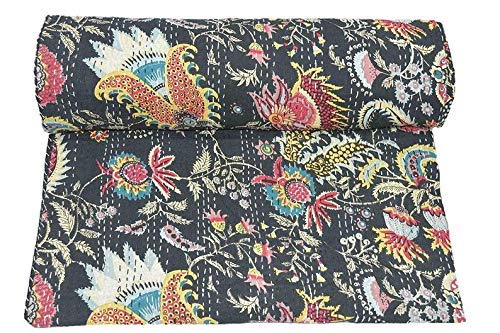 Textile Work Creations Bed Cover Bedspread Kantha Quilt Indian Bedding Handmade Throw Tapestry Handmade Pure Cotton Quilted Bedding 90 x 108 Queen-image-5