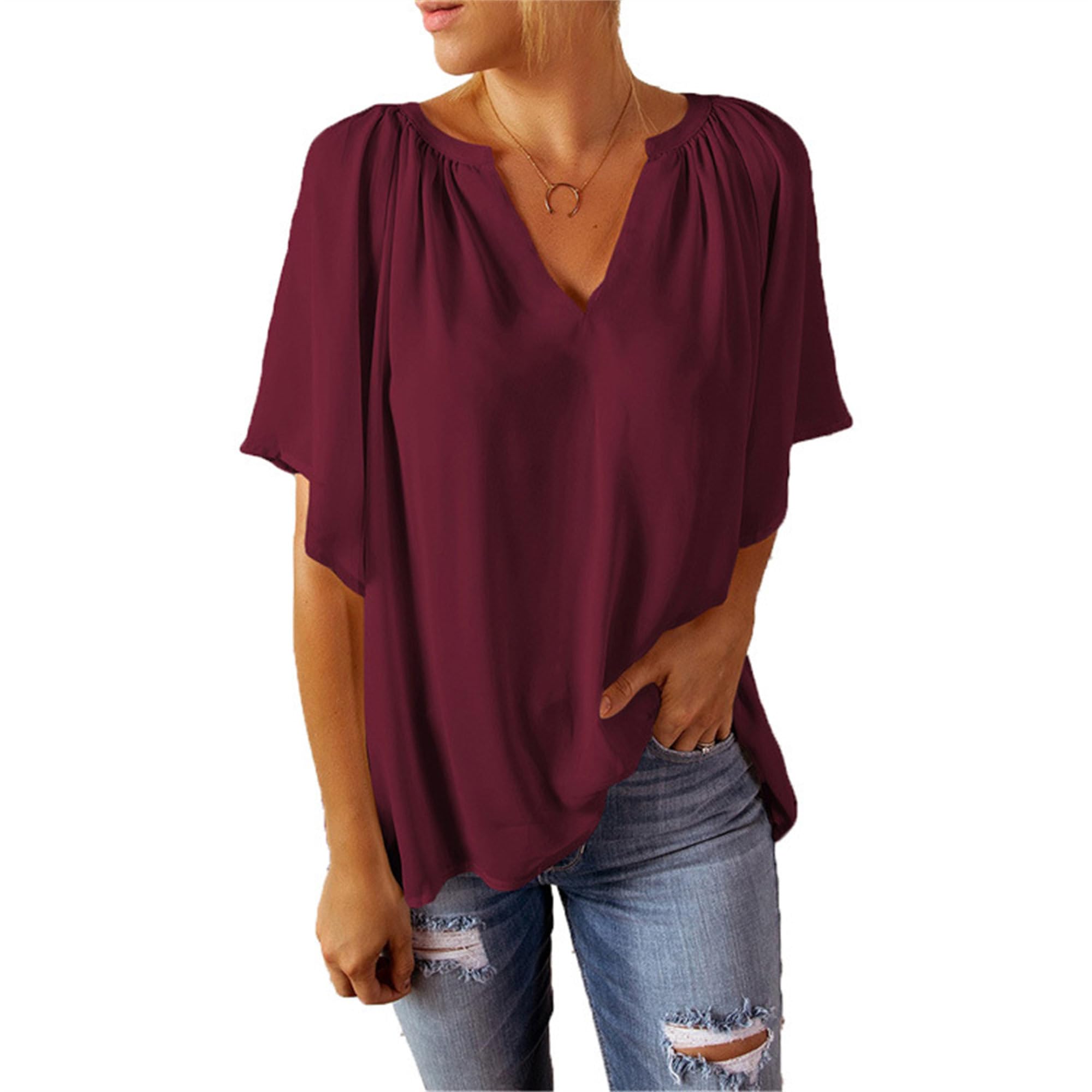 JEKE-DG Womens 3/4 Sleeve Chiffon Blouse Shirt Loose Pleated Flowy Tunic Tops Casual V Neck Solid Summer Shirt (XX-Large,Wine Red)
