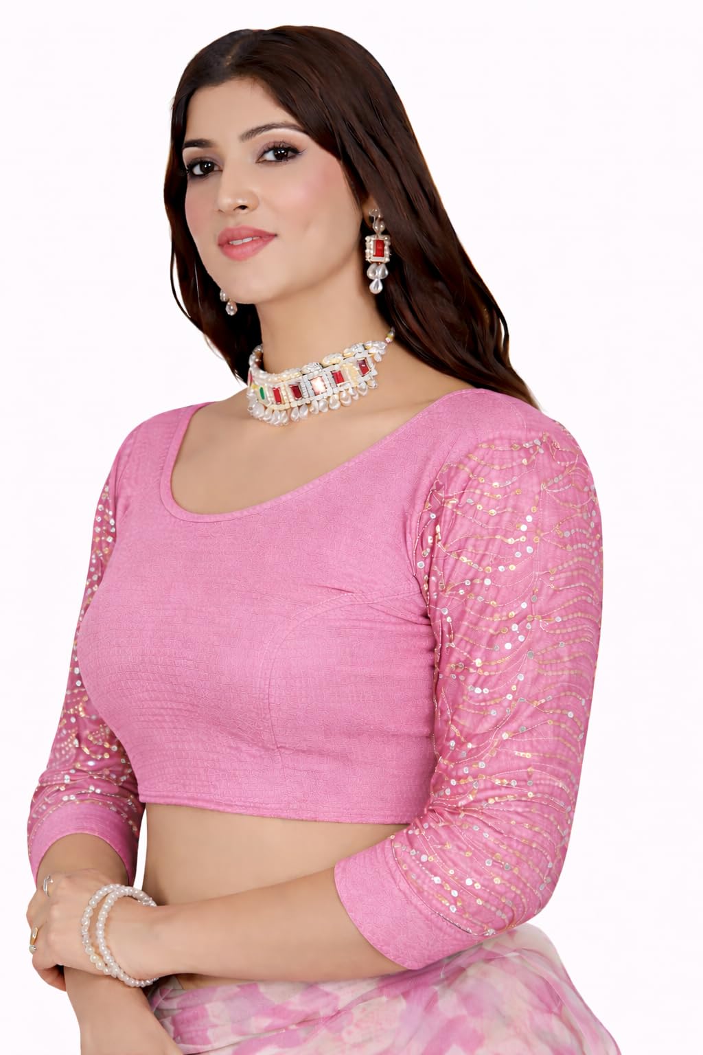 Women's Stretchable Readymade Blouse | Textured Fabric | Half Sleeve | Round Neck | Saree & Lehenga Blouse | Party, Wedding, Festive & Ethnic Wear-picture-45