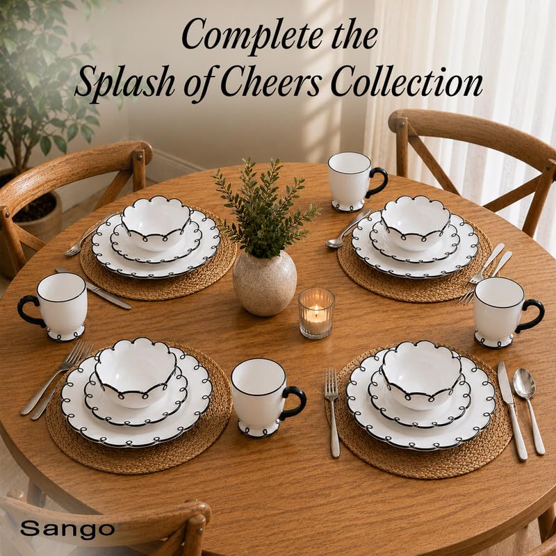 Image of SANGO Splash of Cheers Large Mugs Set of 4, 16 oz Stoneware Black and White Coffee Mugs, Ceramic Drinkware for Coffee or Tea, Durable Everyday Cups, Dishwasher & Microwave Safe, Scalloped Mug Set