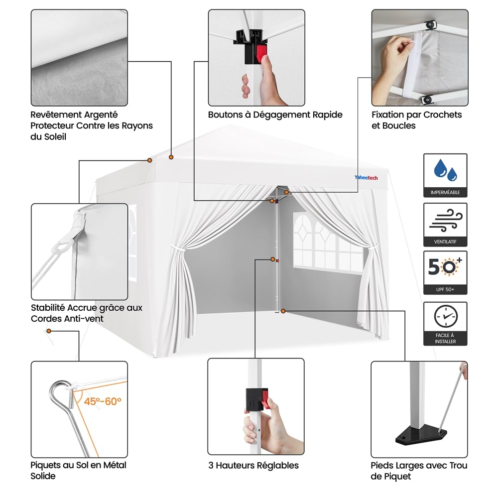 Yaheetech Tonnelle de Jardin Pop-up 3x3m avec 4 Parois Latérales Blanc | Hauteur Réglable Cadre Métal Résistant Parois avec Fenêtres Transparentes Sac à Roulettes, pour Mariage Fête Camping Jardin