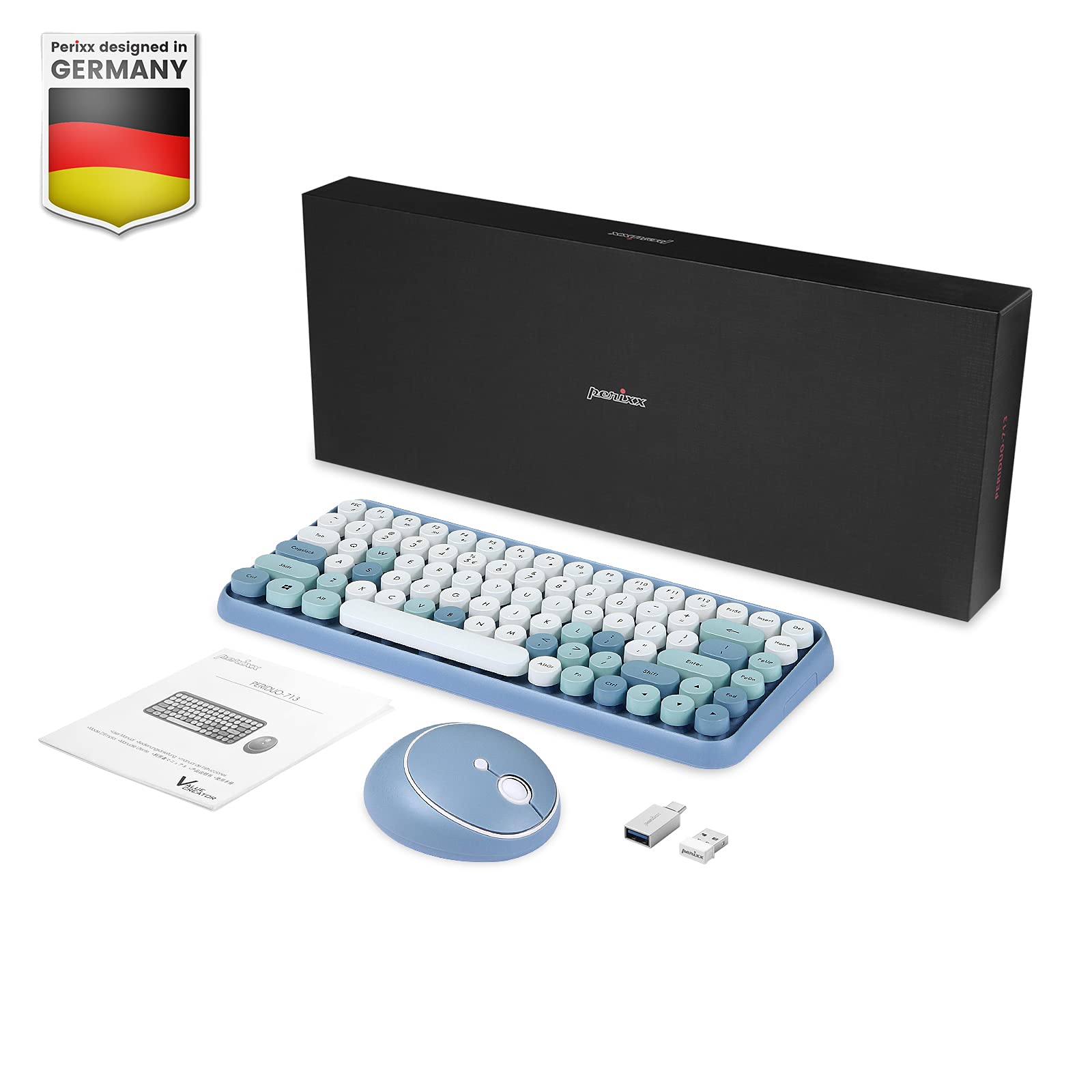 Perixx PERIDUO-713BL Wireless Mini Keyboard and Mouse Combo - Retro Round Key Caps - Pastel Blue - US English Layout..