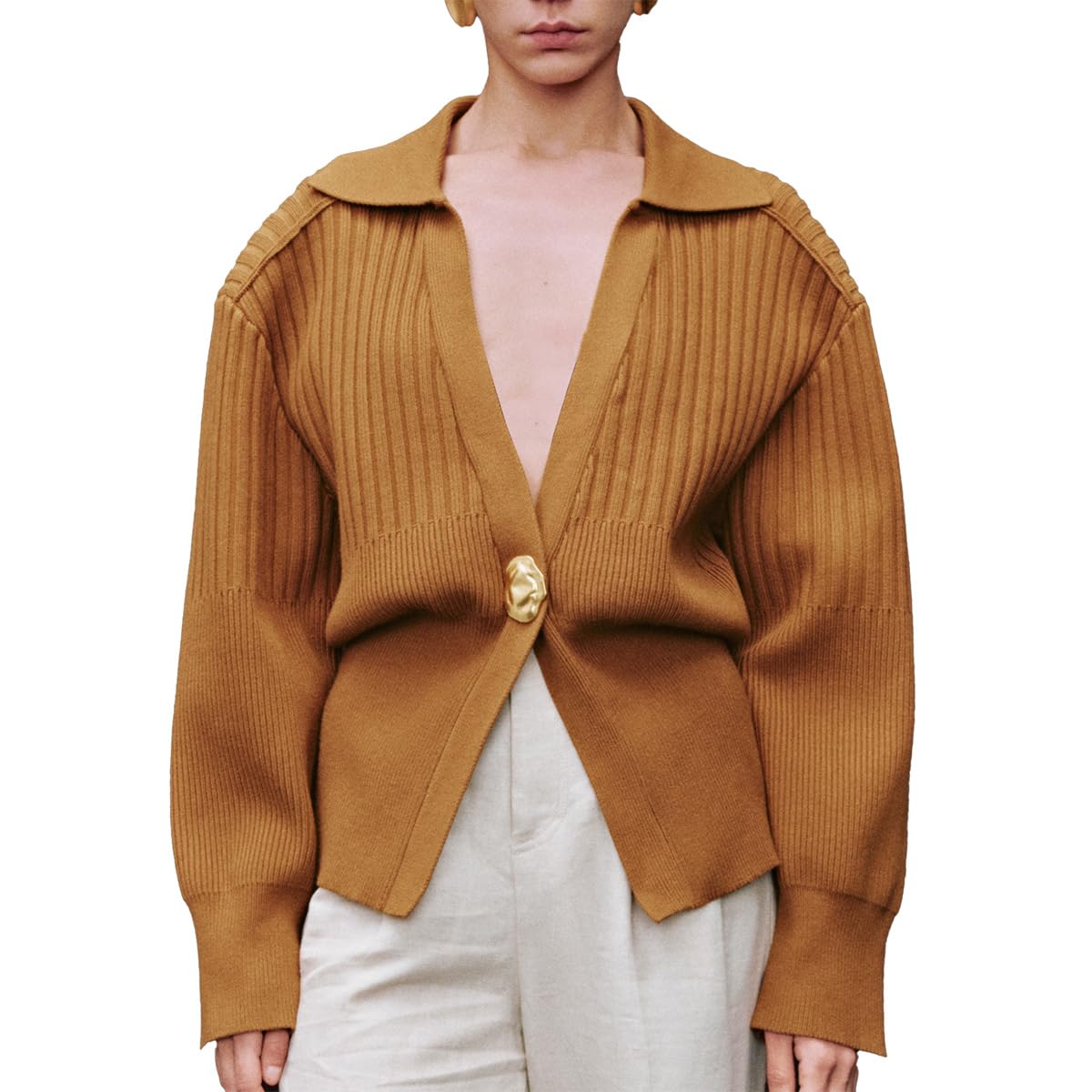URBAN REVIVO Womens Cardigan V-Neck Lapel Long Sleeve Knitted Cropped Casual Sweater with Metal Button 2025