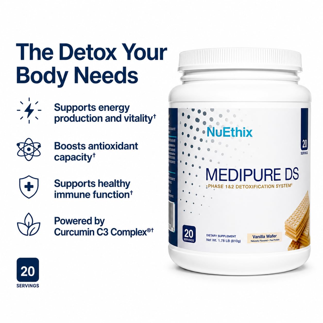 NuEthix Formulations Medipure DS with Pea Protein Powder 19g, Phase 1 & 2 Detoxification System, Supports the Body’s Natural Detoxification Process, Vanilla Wafer (Non-Caffeinated), 20 Servings — Amazon image 2