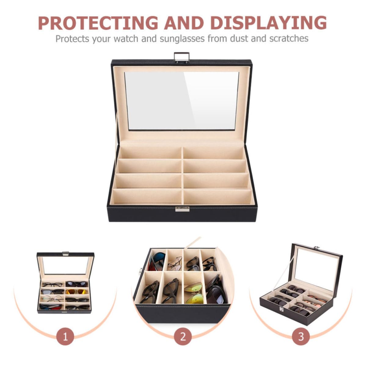 Yardwe Étui pour Lunettes et Montres en Pu Noir, Boîte à Lunettes et Montres, Rangement et Protection, pour Bijoux, Table de Toilette, Usage Personnel