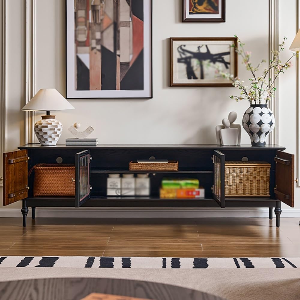 Mobile TV 200cm Console Nera Legno Massello, Hub Intrattenimento Vintage Casa, Mobile Deposito per Alberghi & Spazi Aziendali Console multimediale