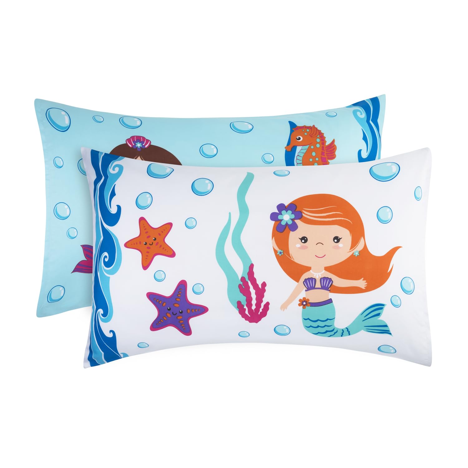 Everyday Kids 2-Pack Standard Size Pillowcases fit Pillows 20 x 26” -100% Soft Breathable Microfiber - Perfect for Toddler Little Girl Twin/Full Size Bed - Mermaid