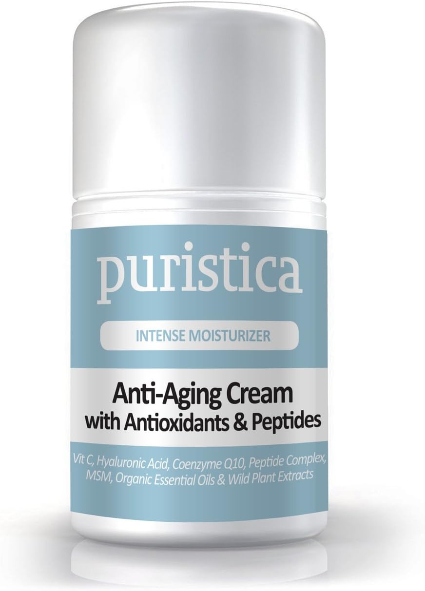 Anti-Aging Cream to Restore Skin Elasticity, Texture & Brighten Tone - 98% Natural, 40% Organic - Vitamin C, B5, Hyaluronic Acid, ALA, AHA, CoQ10, Peptides - Puristica 1.7 Oz