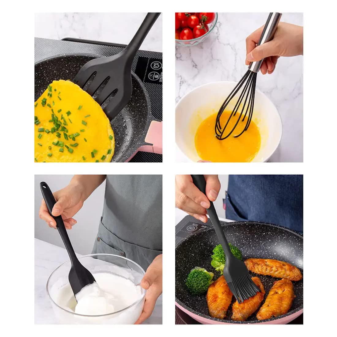 ADBI's Box Set Di Utensili Da Cucina In Silicone 5 Pezzi – Spatole, Pennello, Frusta E Raschietti – Resistenti Al Calore 248°C, Antiaderenti, Lavabili In Lavastoviglie, Colore Nero