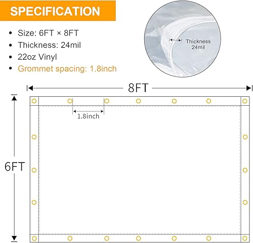 Miniatura 2 de Cortina de lona transparente para exteriores, 6 x 8 pies, impermeable, a prueba de viento, 24 mil, lona de vinilo transparente para patio, pérgola,