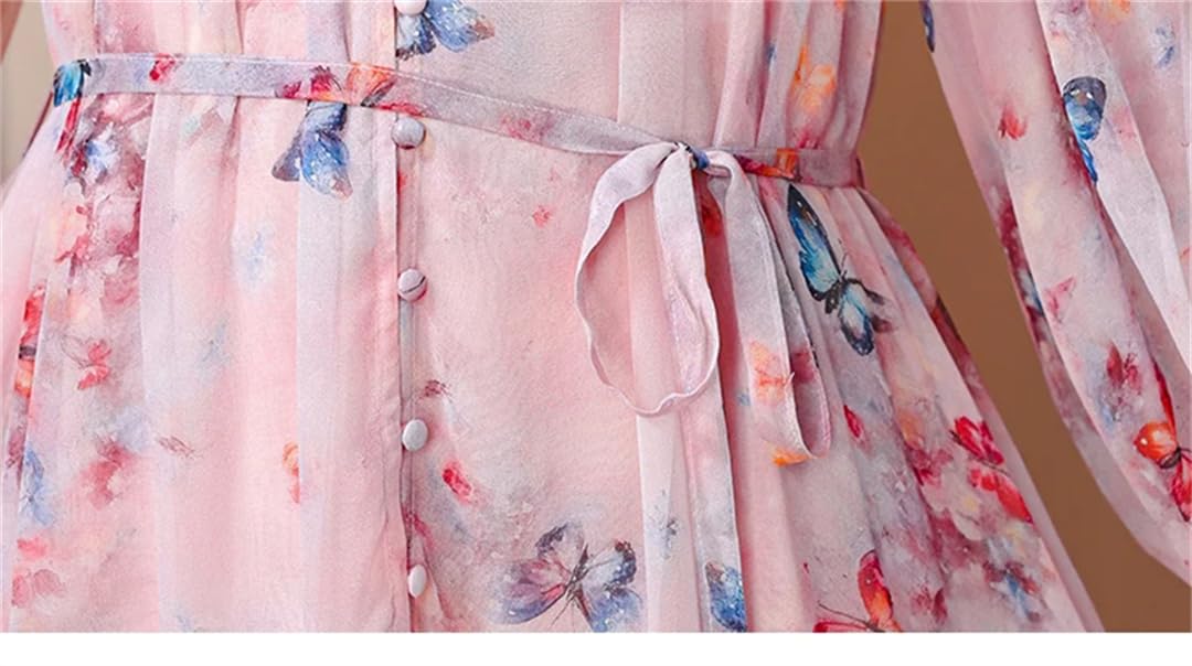 Vestido bohemio de gasa con estampado floral para mujer, casual, vintage, cuello en V, manga larga, vestido midi