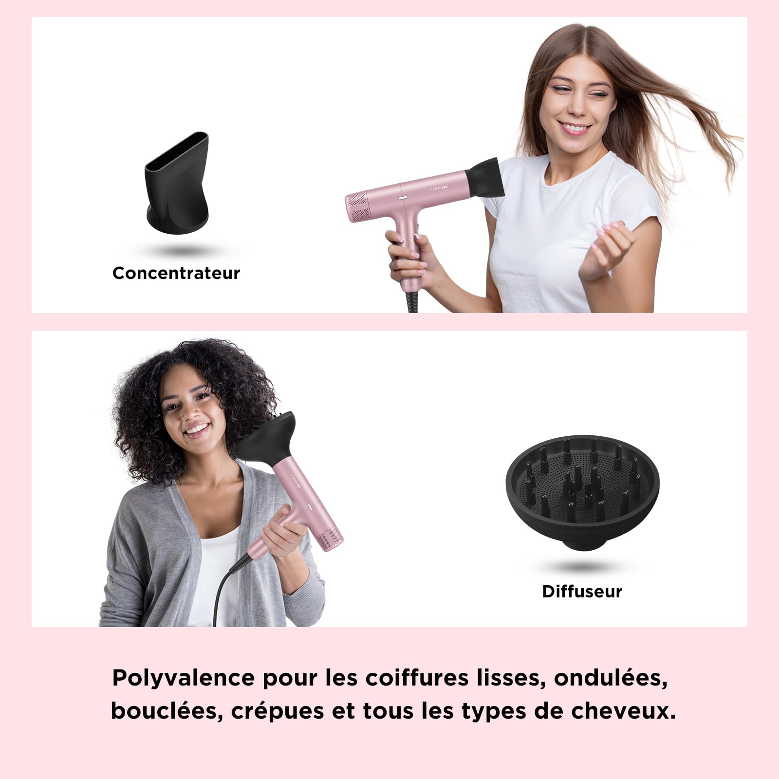 PARWIN PRO BEAUTY Sèche-cheveux ionique unique moteur sans balais de 110 000 tr/min à faible bruit microfiltre innovant diffuseur magnétique écran LCD pour la maison le salon et les voyages (Rose)