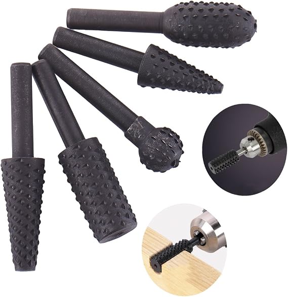 Rongon Rotary Drill Bits Set Wood Carving File Rasp Drill Bit Of 5Pcs, 1/4" 6mm Shank Tool Power Tools Woodworking Chisel Shaped Rotating Embossed Grinding Head(5Pcs)