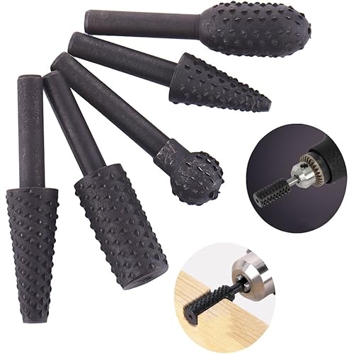 Rotary Drill Bits Set Wood Carving File Rasp Drill Bit of 5Pcs, 1/4" 6mm Shank Tool Power Tools Woodworking Chisel Shaped Rotating Embossed Grinding Head