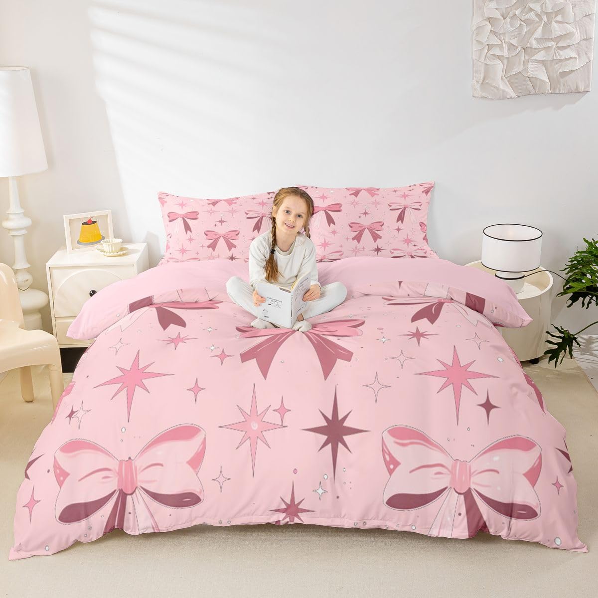 Homewish Set di biancheria da letto con copripiumino per letto super king size con fiocco e fiocco con fiocco e stelle, set di biancheria da letto con fiocco rosa