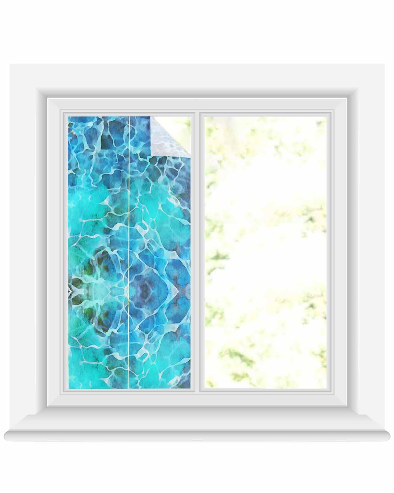 Ocean Blue Window Privacy Film Stained Glass Window Film Decorative Window Cover Static Window Cling for Glass Door Summer Coastal Wave Texture Window Stickers for Bathroom 19.6