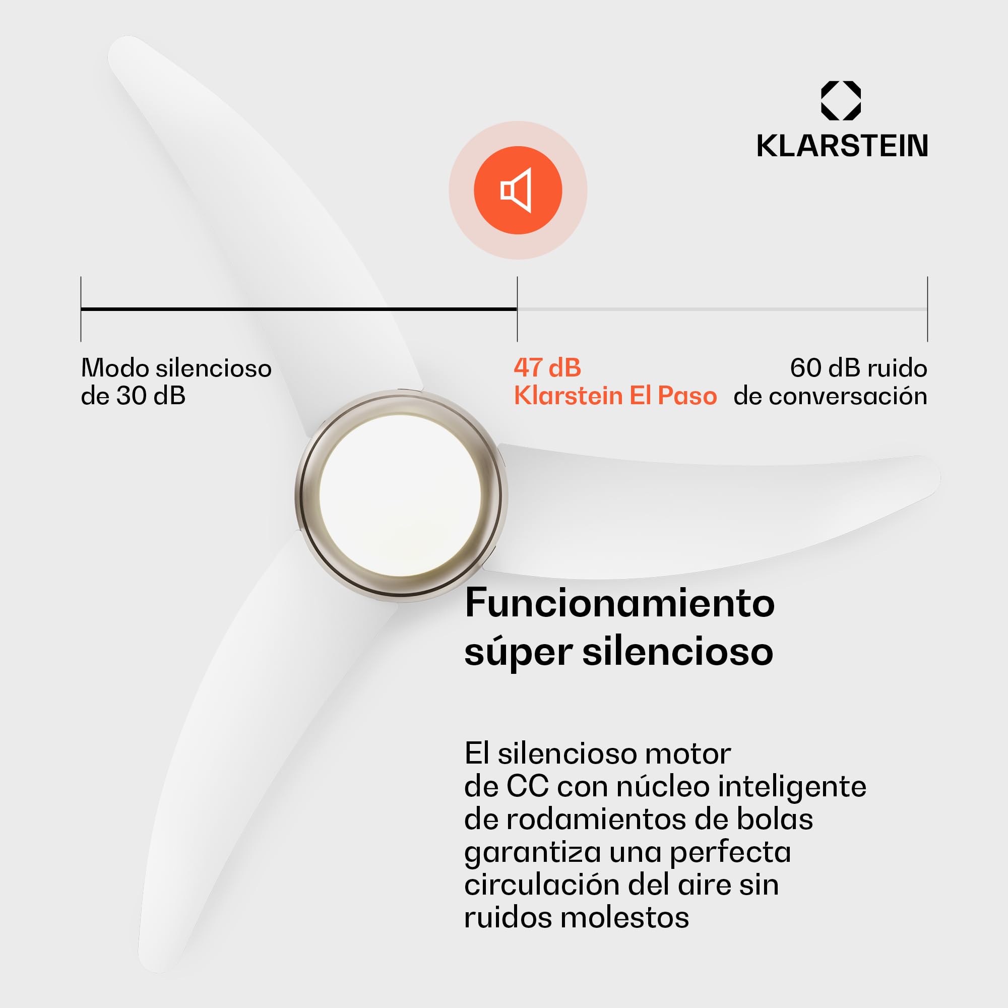 KLARSTEIN El Paso Ventilador de Techo con Luz – Silencioso, 6 Velocidades, Mando a Distancia, 3 Aspas, Interior & Exterior, Lámpara LED, 132cm, Reversible, White