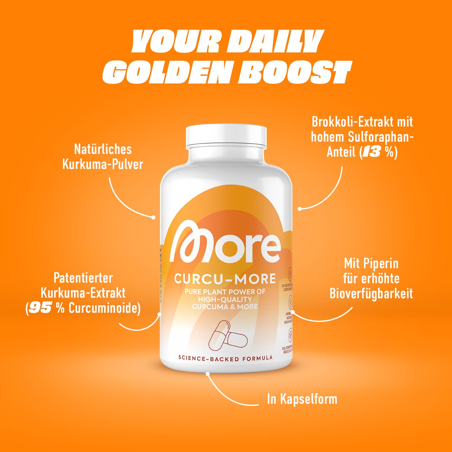 MORE Curcumore, 180 g - 210 Kurkuma Kapseln mit Curcuminoiden, Sulforaphan und Piperin, mit Biotin, vegan (Design kann variieren)