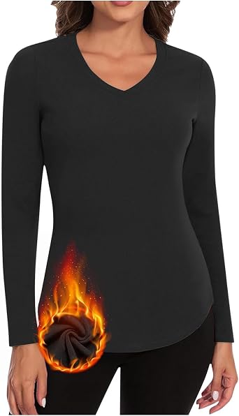 Akklian Womens Thermal Underwear Long Sleeve Square Neck Shirt Fleece Lined Tight Undershirts Basic Tops Winter Base Layer