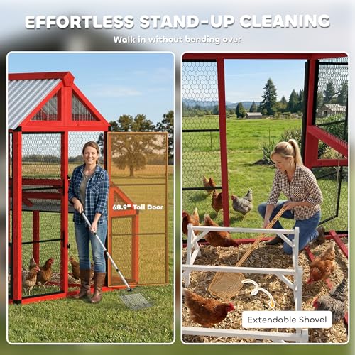 Image of PawHut 187.3 inch Large Chicken Coop, Walk-in Wooden Hen House, Outdoor Poultry Cage w /Shovel, Run, Waterproof Roof, Nesting Box, Perches, Chicken House for 10-15 Hens, Rabbits, Ducks, for Farm Backyard