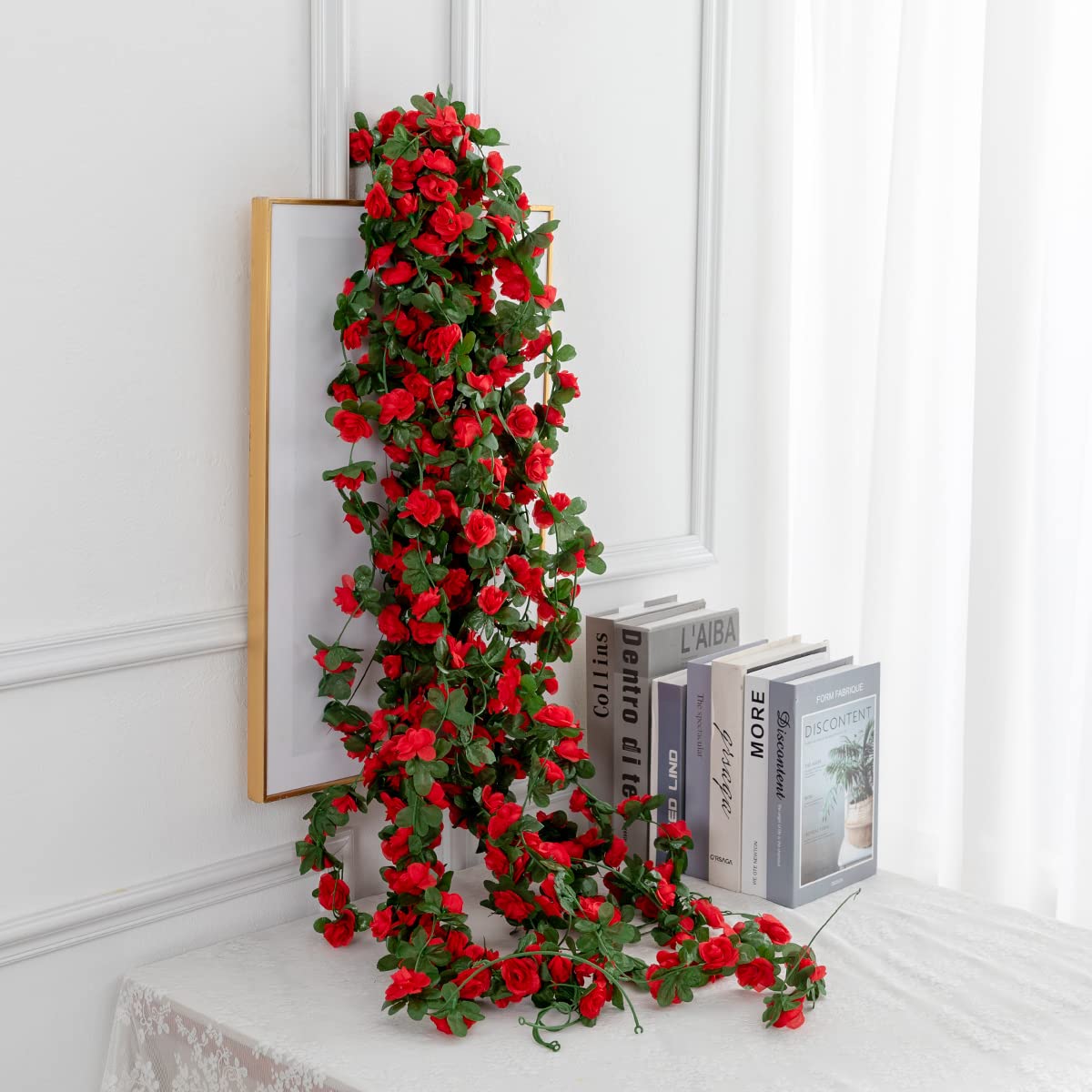 Senseya 6pcs 48 Foot Artificial Flower Garlands, Fake Peony Vine Artificial Flower with Green Leaves, Hanging Fake Roses Vine for Wedding Home Hotel Office Garden Christmas Wall Arch Decor (Red)