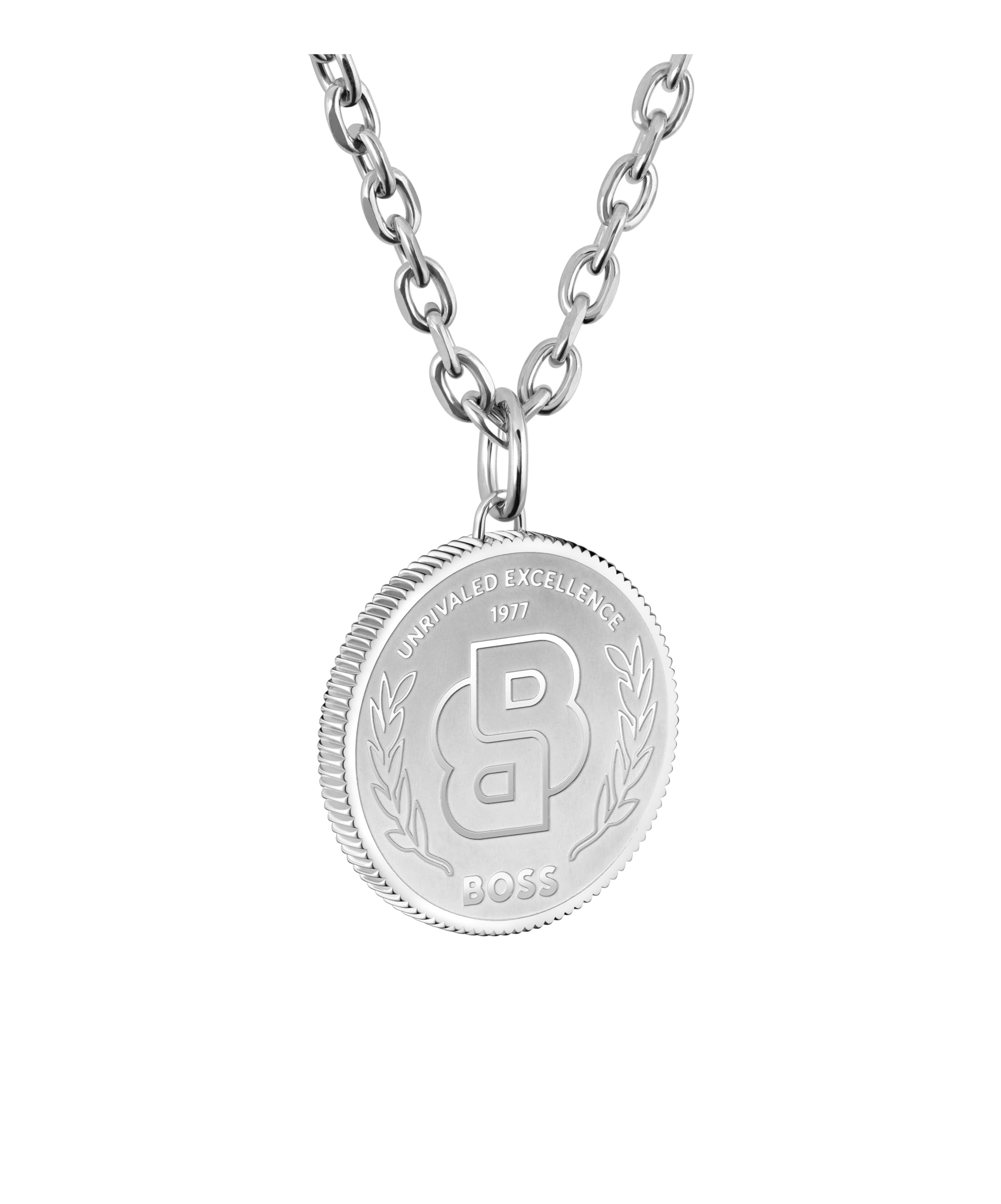 BOSS Jewelry Collar para Hombre Colección DOUBLE B COIN en Acero Inoxidable con un Charm en Forma de Moneda – Disponibles en Plata o Negro