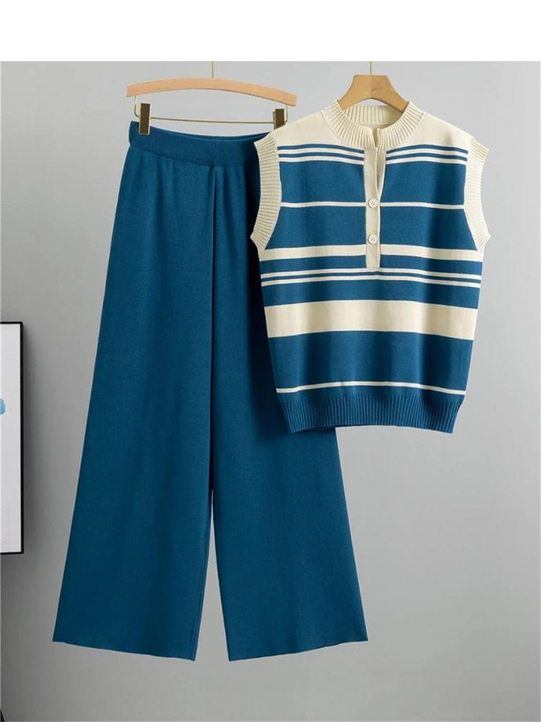 Ensemble de t-shirts en tricot rayé sans manches pour femme - Pull d'été en soie glacée - Débardeurs baggy - Taille haute - Pantalon large - Survêtement