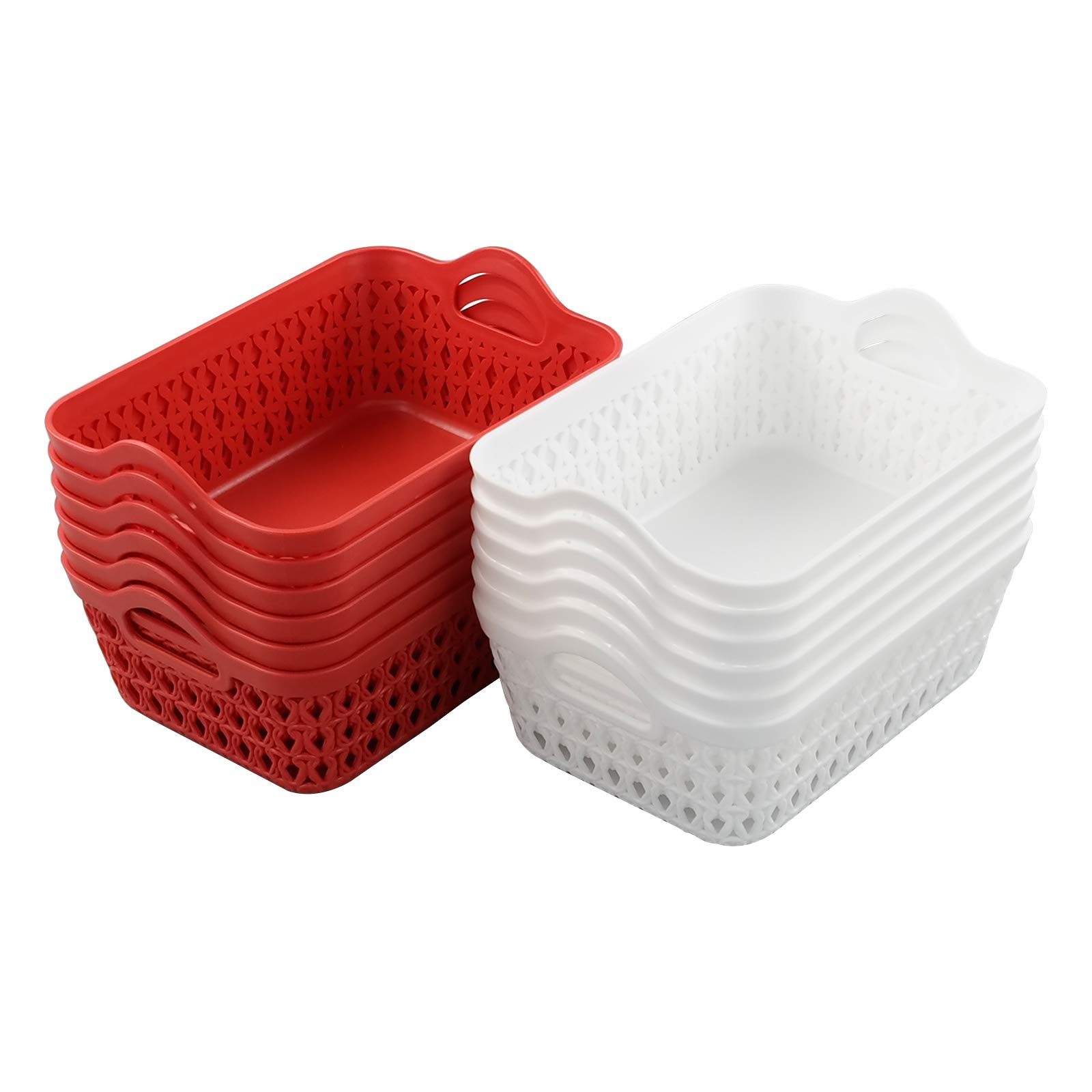 Qqbine Kitchen Plastic Storage Baskets with Handle, White Red, 12 Packs
