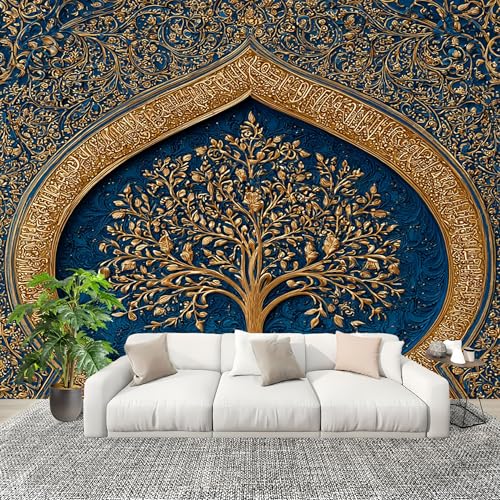 Papel Pintado Mural Foto 250x175cm áRbol Dorado De La Vida Papel pintado tejido no Tejido Murales Moderna Diseno Fotográfico Azul Oscuro Decoración de Pared Sala de Estar y Dormitorio