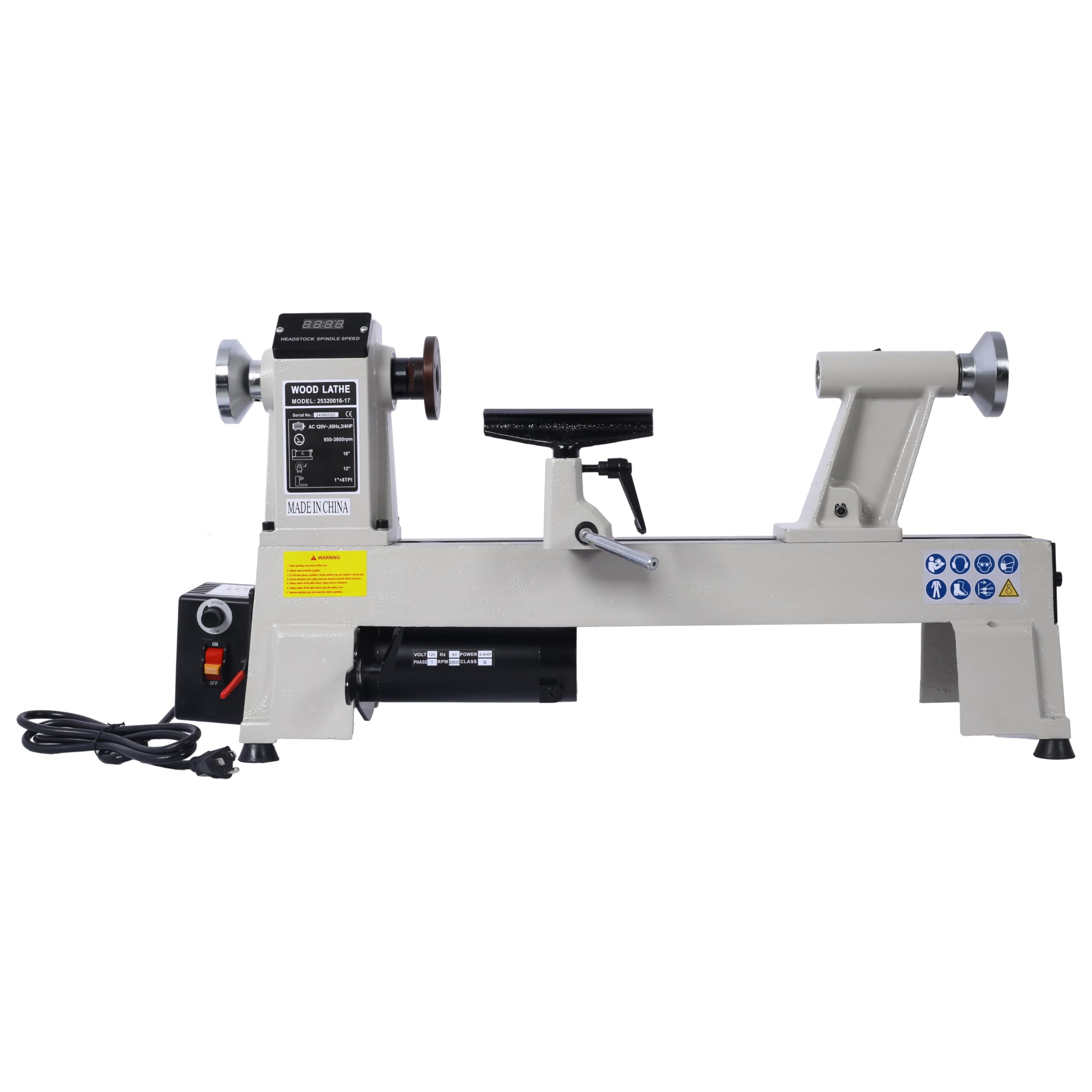Wood Lathe, 12 in x 18 in, 3/4 Power Wood Turning Lathe Machine, Infinitely Variable Speed ControlThe lathe features a variable speed range from 650 RPM to 3800 RPM, Multifunctional Power Wood Lathe