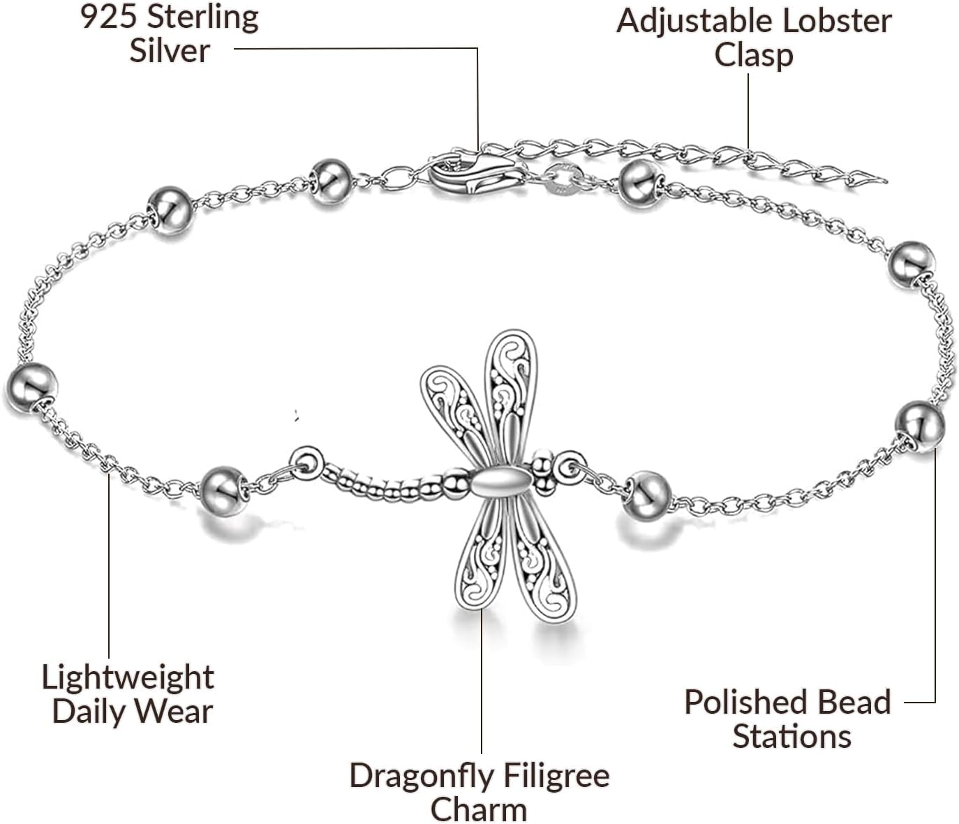 LeCalla 925 Sterling Silver Anklets for Women | Adjustable Chain & Beaded Ankle Bracelets | Women's Ankle Bracelets Foot Jewelry Gifts Beach Jewelry for Summer