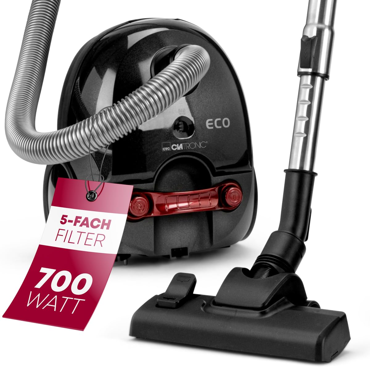 Clatronic® Staubsauger mit Beutel | Bodenstaubsauger mit energiesparenden 700 Watt | Staubsauger mit 5-Fach Mikrofiltersystem | Umschaltbare Bodenbürste und Bürsten-/Fugendüse | BS 1300 N anthrazit