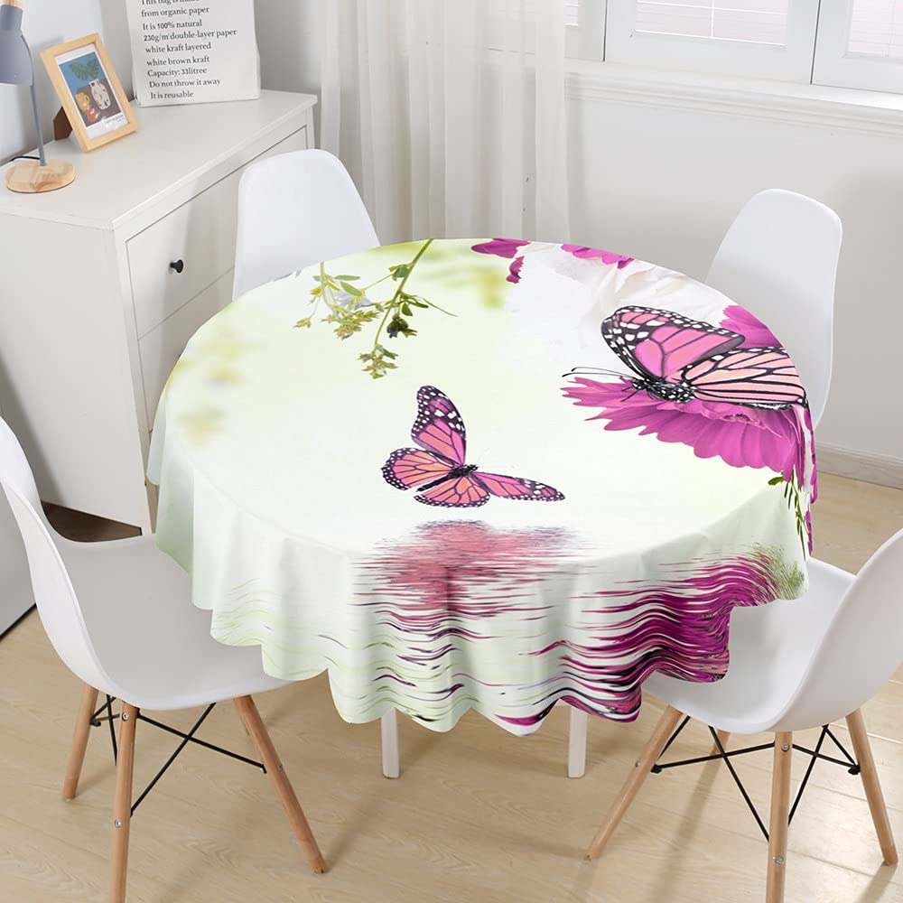 Morbuy Lakeside Butterfly Round Tablecloth For Circular Table, 3D Waterproof Table Cloths Stain Resistant Dust-Proof Wipeable Table Cover For Home Party Kitchen Dinning (,Diameter 150Cm)