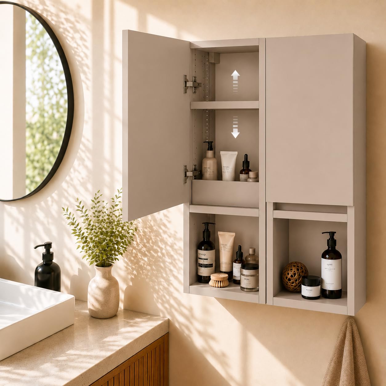 Hängeschrank Badezimmer, 75x56x25 cm, Kaschmirfarbe Matt, 6 Regale, Soft-Close-Türen, Anti-Fingerprint, Wandmontage